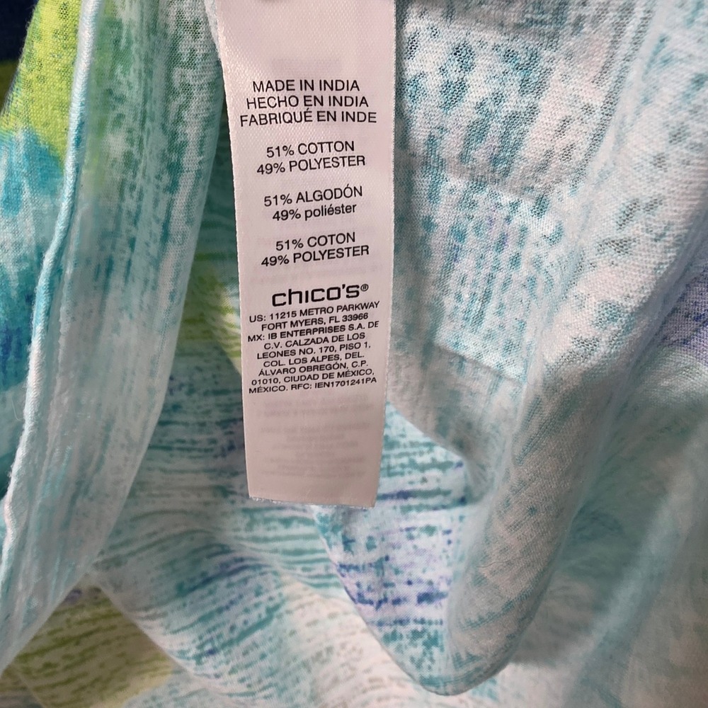 Chico's Abstract Brushstroke V-Neck Top Teal Blue Green Cotton Blend Size 2 L - Picture 5 of 10